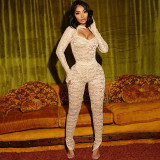 Spring Fashion See-Through Lace Tight Slim Jumpsuit Set