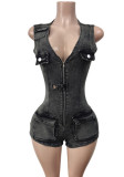 Denim One-Piece Sleeveless Jumpsuit Slim Fit Elastic Shorts Romper
