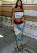 Spring Summer Women's Gradient Print Strapless Slim Two Piece Skirt Set