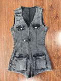 Denim One-Piece Sleeveless Jumpsuit Slim Fit Elastic Shorts Romper