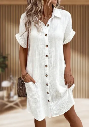 Casual Linen Button-Up Solid Color Loose Shirt Dress