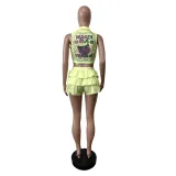 Printed Ruffle Elastic Waist Casual Shorts Set