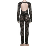 Spring Fashion See-Through Lace Tight Slim Jumpsuit Set