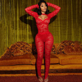 Spring Fashion See-Through Lace Tight Slim Jumpsuit Set