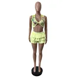 Printed Ruffle Elastic Waist Casual Shorts Set