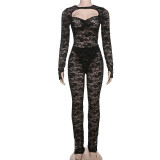 Spring Fashion See-Through Lace Tight Slim Jumpsuit Set