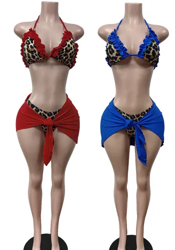 3-Piece Bikini Set Leopard Print Lace-Up Swimsuit