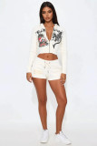 Women Casual Zipper Hooded Printed Top and Shorts Two Piece Set