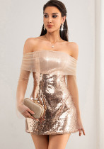 Women Sexy Backless Long Sleeve Mesh Patchwork Sequin Dress