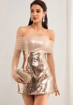 Women Sexy Backless Long Sleeve Mesh Patchwork Sequin Dress