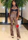 Women Spring Sexy Contrast Color Sleeveless Bodysuit and Leopard Pants Two Piece Set