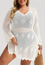 Plus Size Women V-Neck Hollow Holidays Casual Beach sexy slit cover-up sunscreen long-sleeved dress