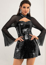 Women Sexy See-Through Long Sleeve Mesh Patchwork Sequin Dress