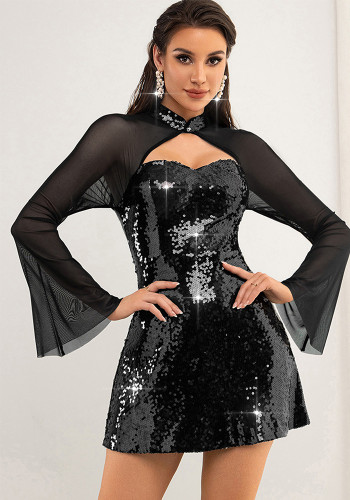 Women Sexy See-Through Long Sleeve Mesh Patchwork Sequin Dress