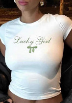 Women Bow Print Short Sleeve Crop Round Neck T-shirt