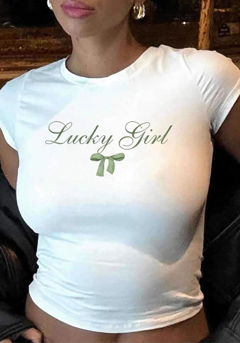 Women Bow Print Short Sleeve Crop Round Neck T-shirt