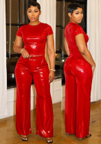 Women Summer Shiny Solid Short Sleeve Top and Wide Leg Pants Two Piece Set