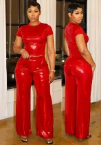 Women Summer Shiny Solid Short Sleeve Top and Wide Leg Pants Two Piece Set