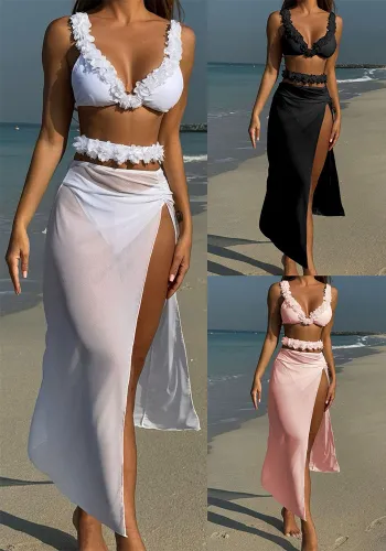 Women solid lace sexy mesh long skirt swimsuit Three-Pieces