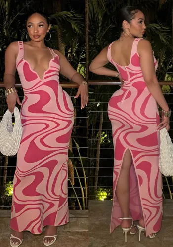 Women Spring and Summer Metal Irregular Neck Printed Hollow Strap Dress