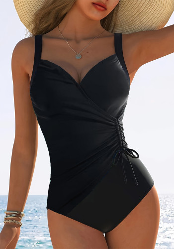 Women solid drawstring sexy one-piece swimsuit