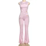 Women Spring Summer Heart Print Hollow Solid Sleeveless Tank Top Pants Two Piece Set