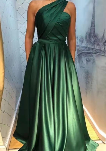 Elegant One-Shoulder Satin Slit Evening Dress for Women