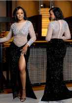 Round Neck High Slit Beaded Fashion Dress
