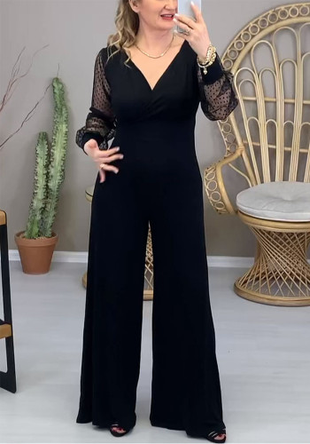 Long Women's Mesh Sleeves V-Neck Slim Fashion Jumpsuit