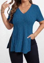 Spring and Summer Fashion Women's V-Neck Ribbed Short-Sleeve Pullover T-Shirt