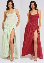 Women Sexy Floral Strap High Slit Long Dress