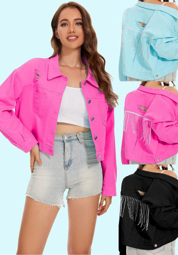 Summer Casual Fashion Women's Ripped Tassel Short Denim Jacket