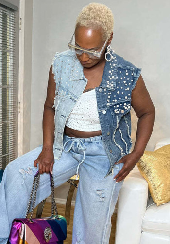 Women's Loose Patchwork Beaded Denim Vest