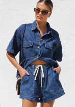 Summer Casual Loose Pocket Short-Sleeve Denim Shirt Shorts Set for Women