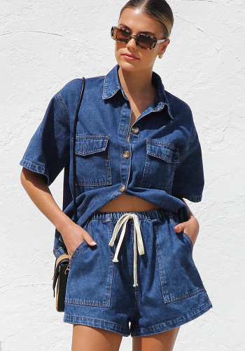 Summer Casual Loose Pocket Short-Sleeve Denim Shirt Shorts Set for Women