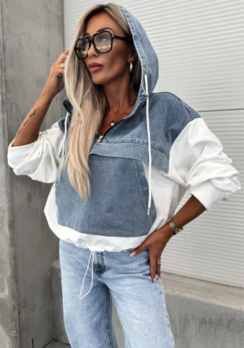 Women's Fashionable Loose Casual Washed Patchwork Hooded Denim Hoodie
