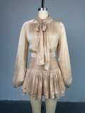 Women Bow Tie Top and Pleated Skirt Casual Two Piece Set