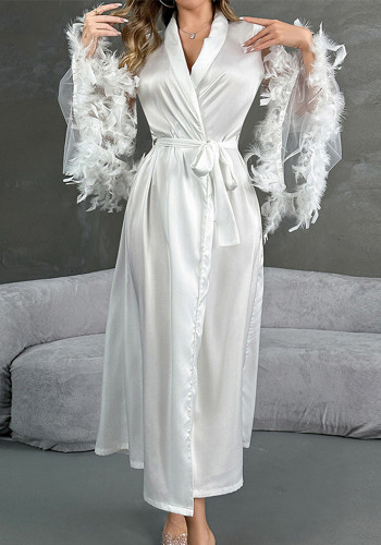 Women's Sexy Satin Nightgown Feather Long Bathrobe Pajamas