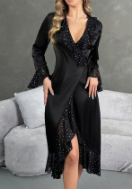 Women's V-Neck Sequin Long Sleeves Satin Nightgown