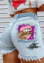 Women's Print Fashion Ripped Denim Shorts