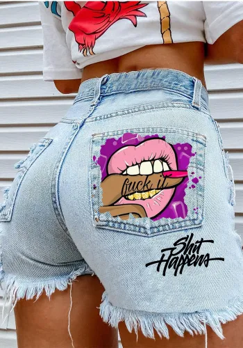 Women's Print Fashion Ripped Denim Shorts