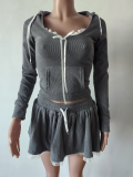 Hood Patchwork Gray Short T-Shirt A-Line Skirt Women's Autumn Two Piece Set