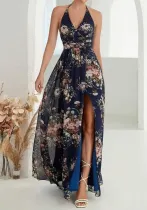 Women Spring Summer Halter Neck Slit Casual Holidays Print Dress