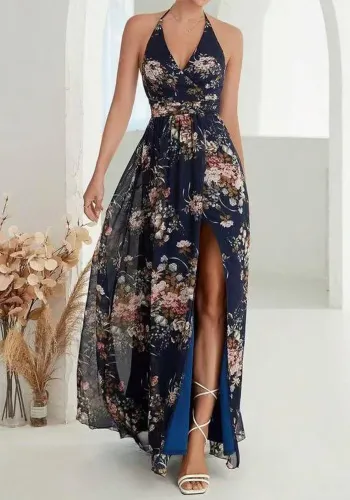 Women Spring Summer Halter Neck Slit Casual Holidays Print Dress