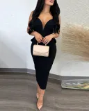 Women Solid Backless Ruffle Patchwork V-Neck Dress