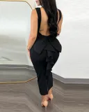 Women Solid Backless Ruffle Patchwork V-Neck Dress