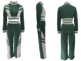 Women autumn and winter high collar zipper Top and Contrast Color trousers Two Piece Set