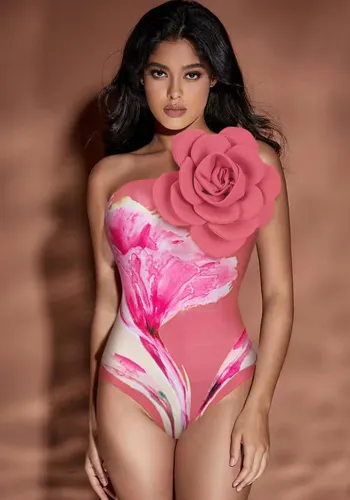 Women 3D Large Flower Print One-Piece Swimwear