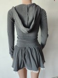 Hood Patchwork Gray Short T-Shirt A-Line Skirt Women's Autumn Two Piece Set