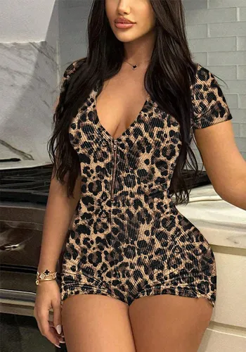 Women Summer Leopard Printed Short-sleeved V-neck Jumpsuit